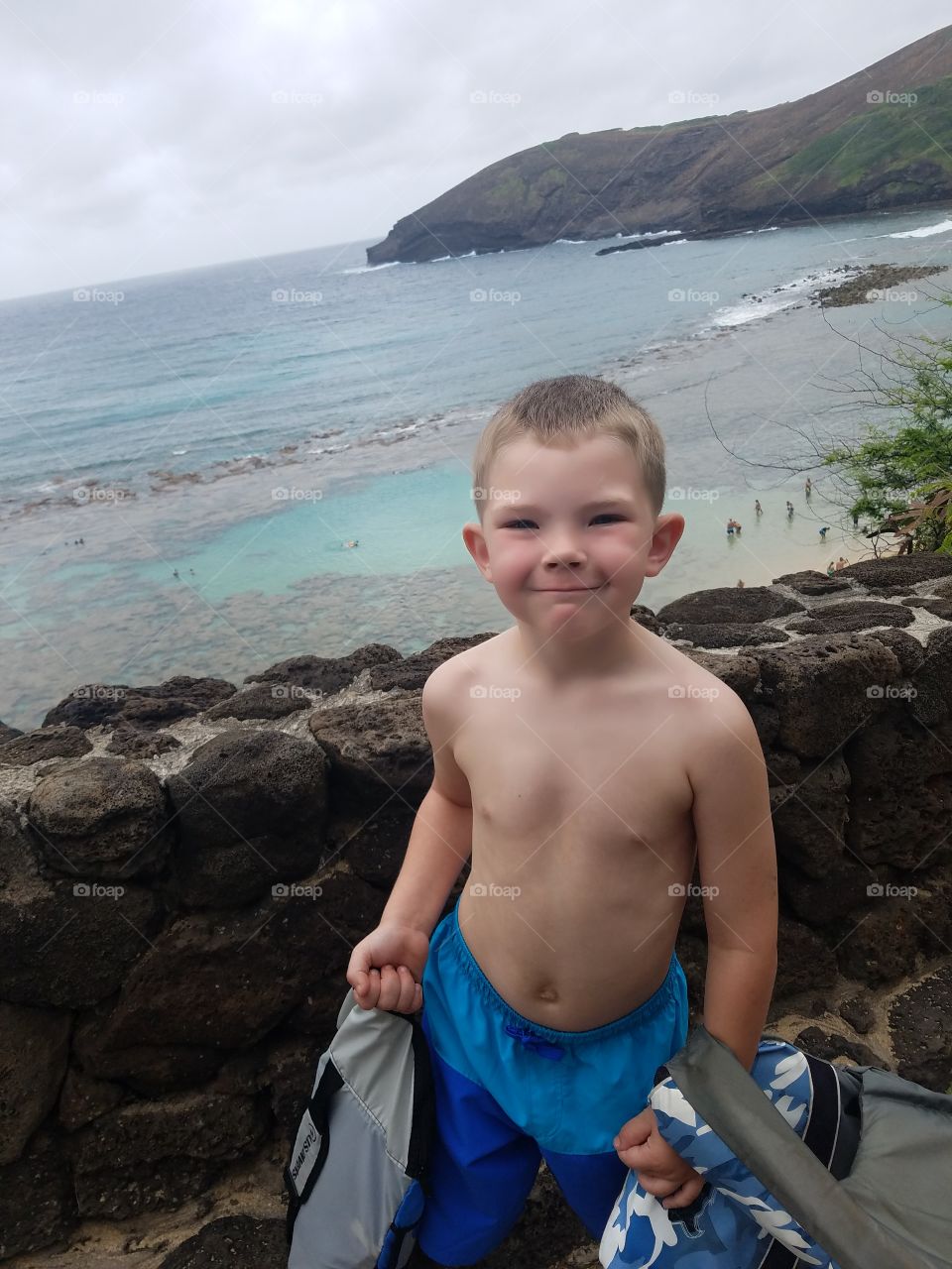 Little boy is all smile before snorkeling at Hanauma Bay.