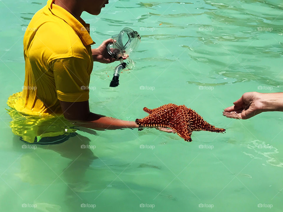 Enjoying the last summer days catching a star fish in the sea 