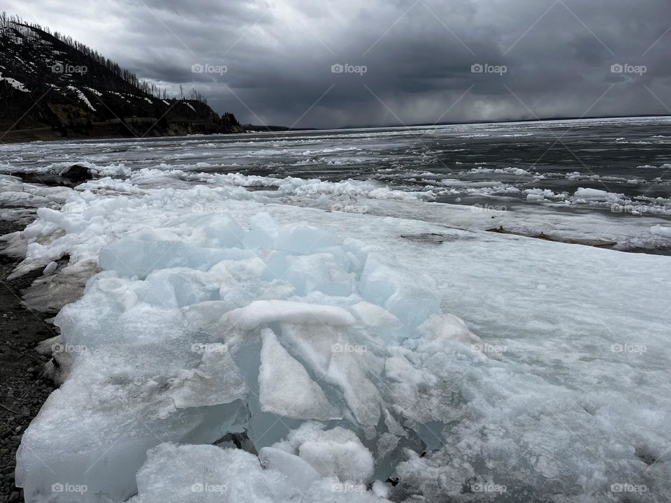 Blue ice of a frozen wave from this lake. 