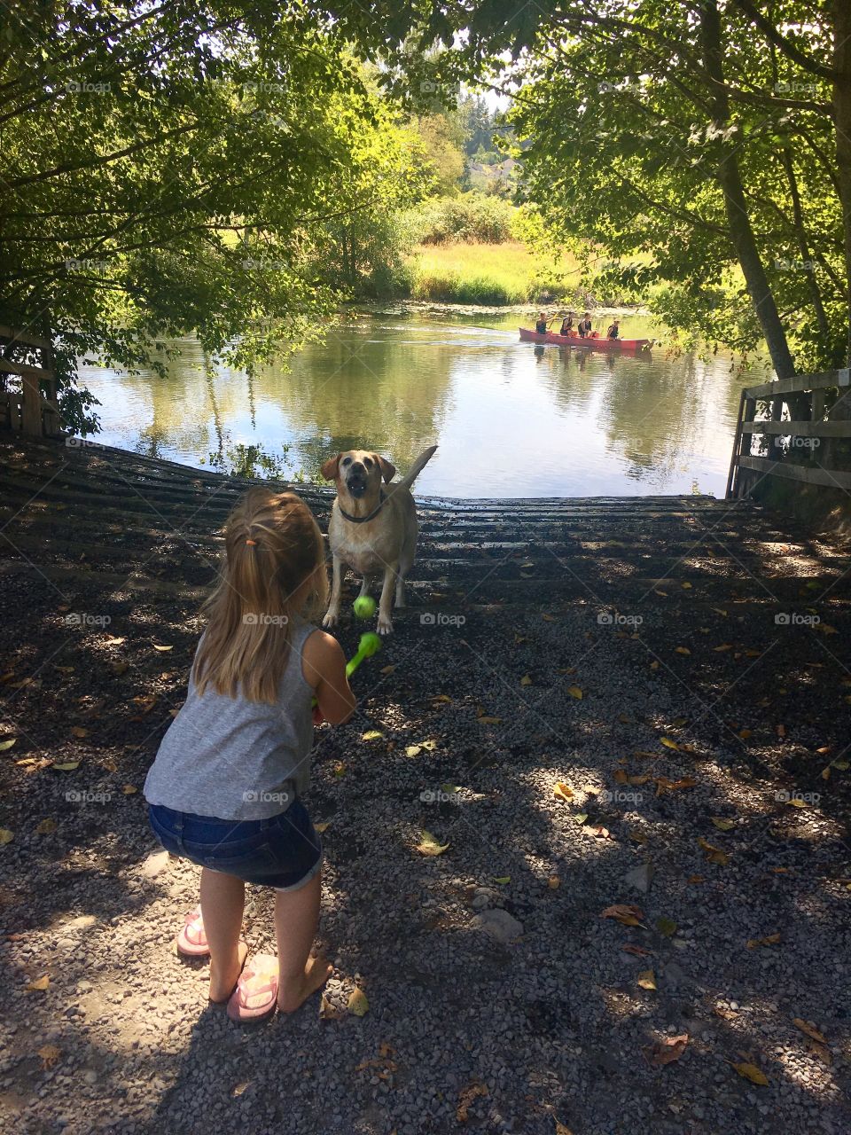 Little girl playing with dog 