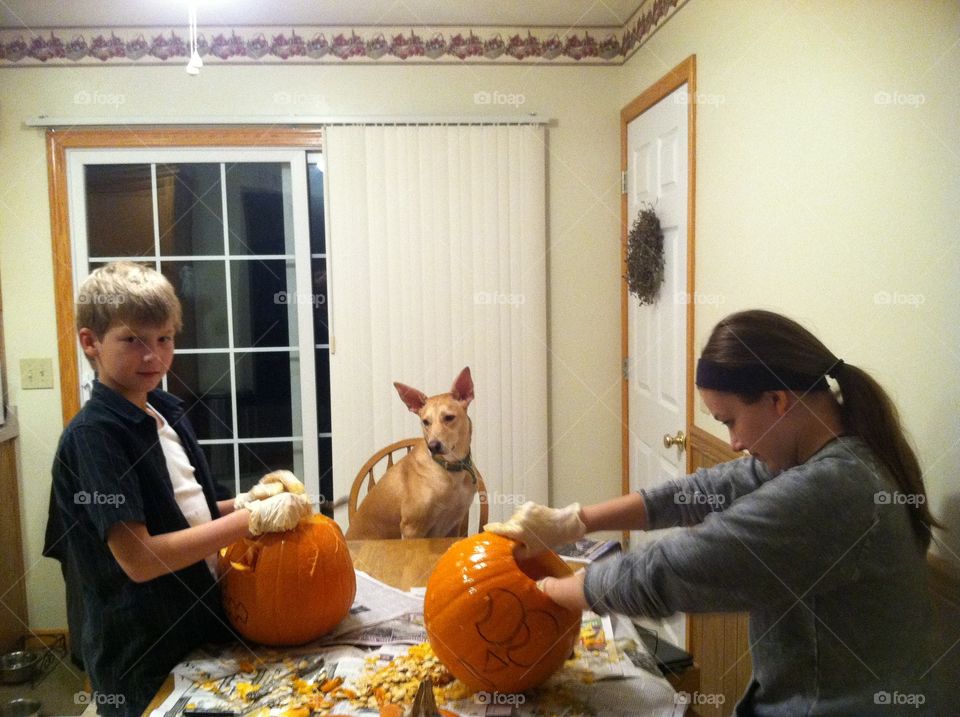 Two siblings preparing pumpkin from Halloween