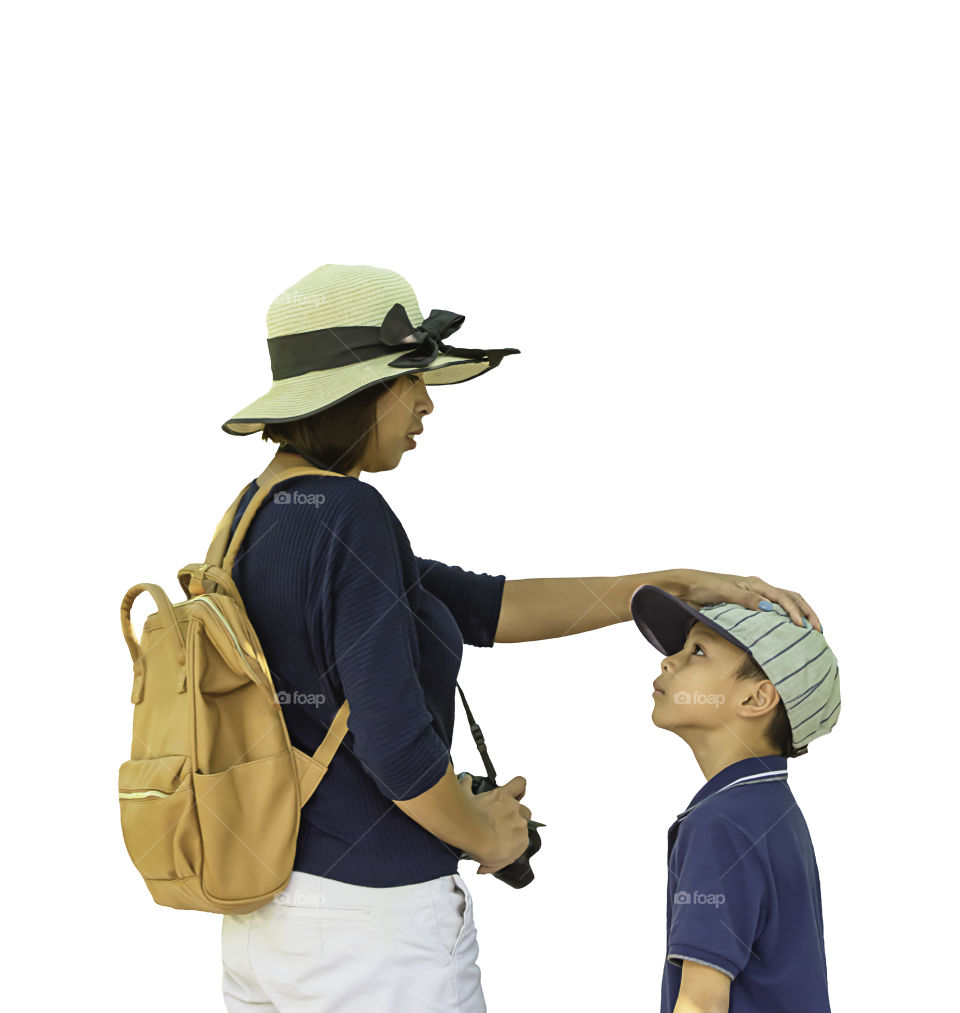 Isolated Mother shoulder backpack and son on a white background with clipping path.