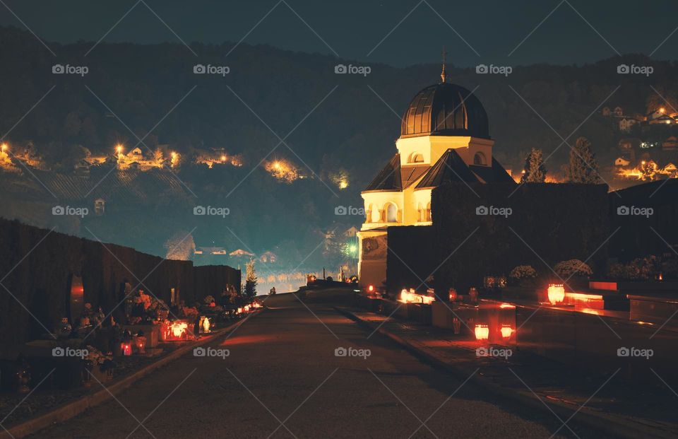 Night scene with chapel at cemetery in Krapina city, croatia, county hrvatsko