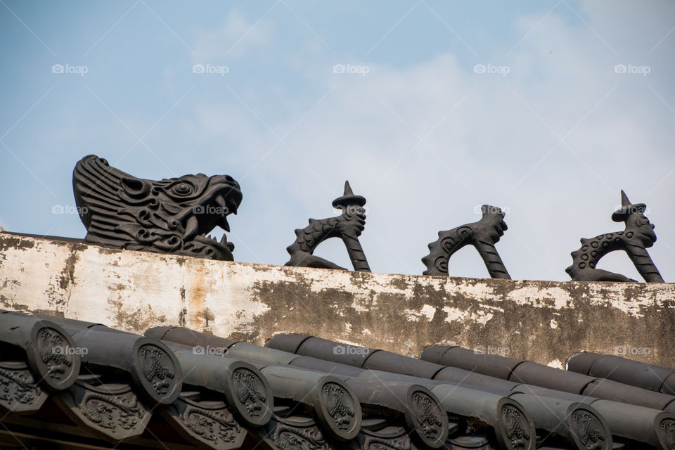 Asia, roof, decoration, sky, travel, traditional style, statue, blue, black