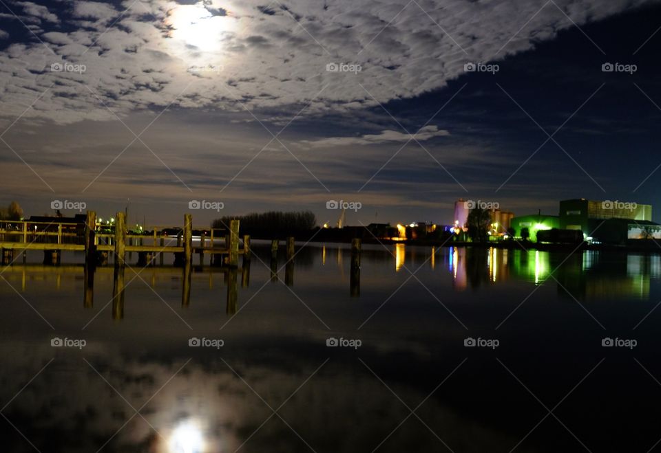 Moon light over Randers harbor