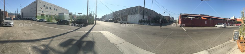 Panoramic shot of a random intersection in the Arts District of Downtown Los Angeles. 