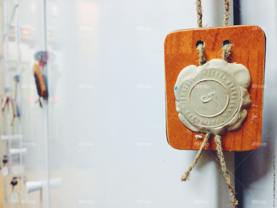 Sealed metal shelfs in the vault with stamp in bright colors