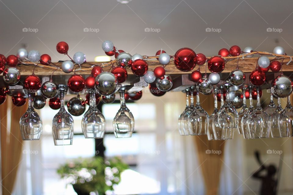 Home bar, glasses and decor.