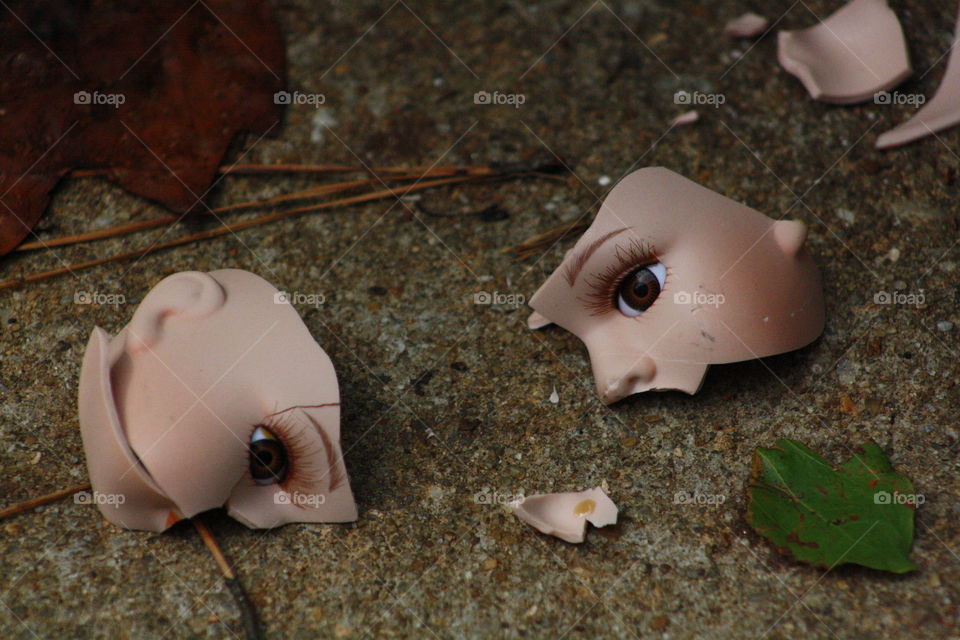 Tge face of a porcelain doll broken on concrete and left as it fell.