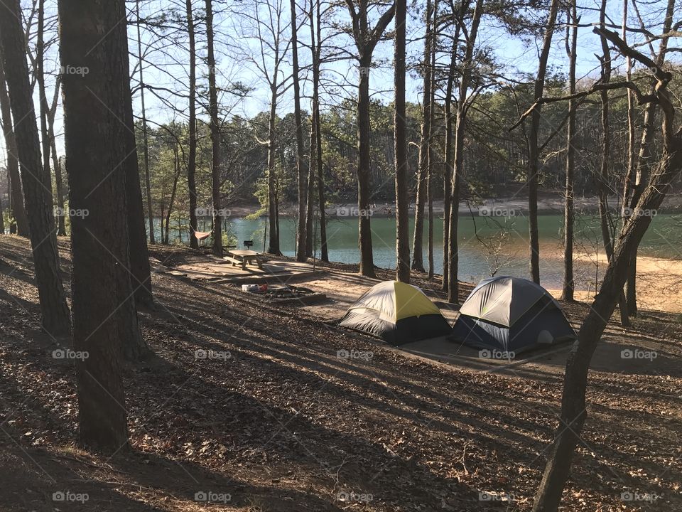 Camping in the spring on the lake