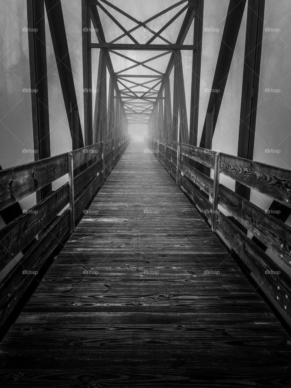 Dark black and white of a wooden footbridge amidst the dense fog. Tims Ford State Park in Winchester, Tennessee. 