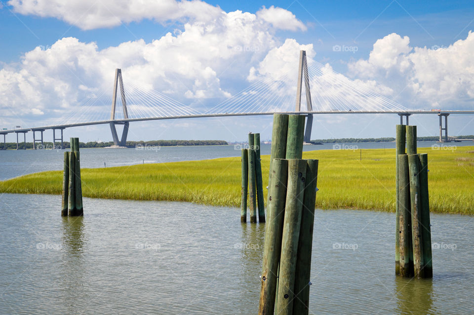 Charleston, South Carolina pier overlooking the Arthur Ravenel bridge