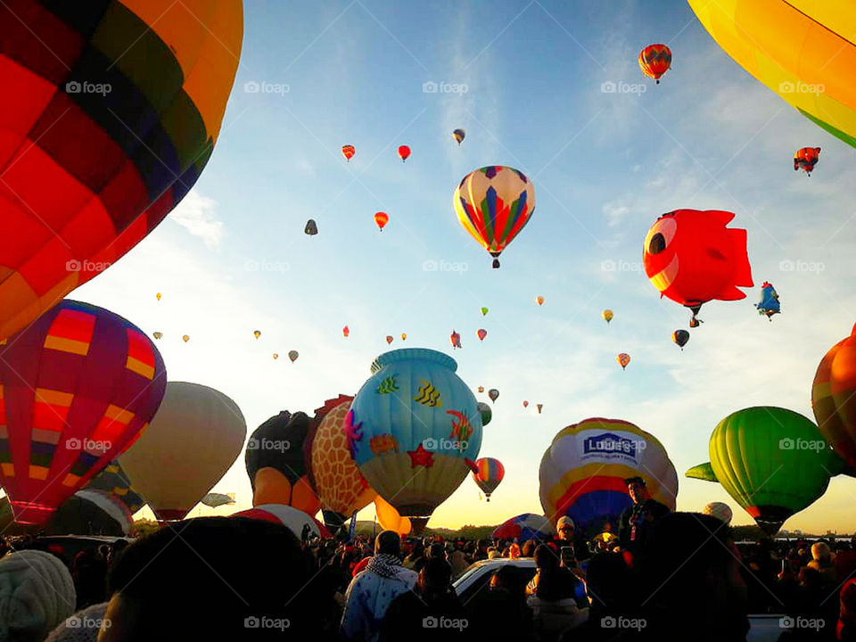 The release of hundreds of colorful hot air balloons into the sunrise during the annual festival.