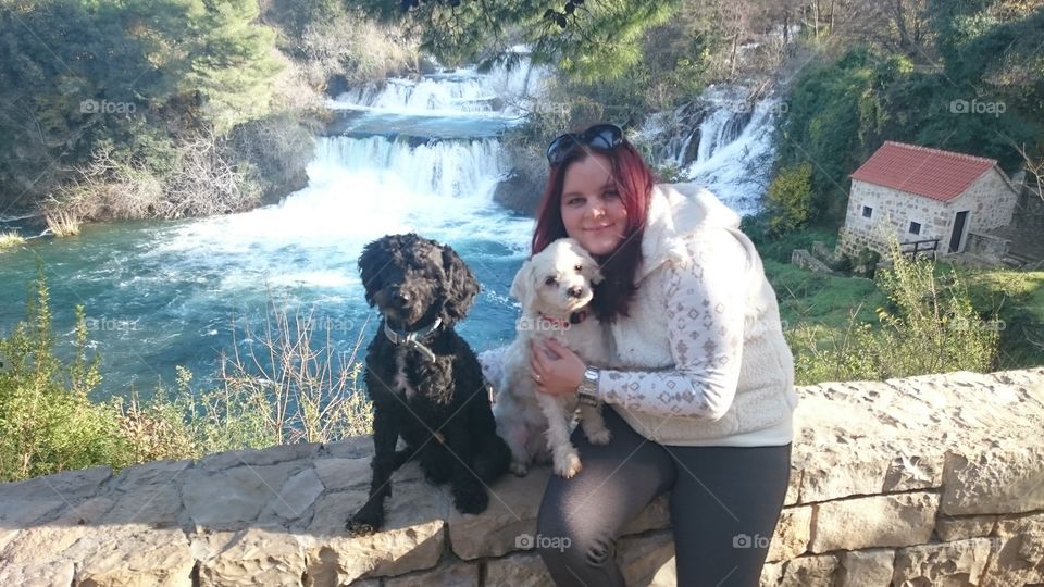Selfie in National Park Krka traveling my dogs Keti and Lino and I"m
