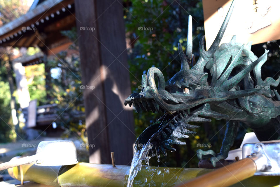 The water purification of Japanese shrine in the shape of a dragon(Nakano-ku Tokyo Hachiman shrine)