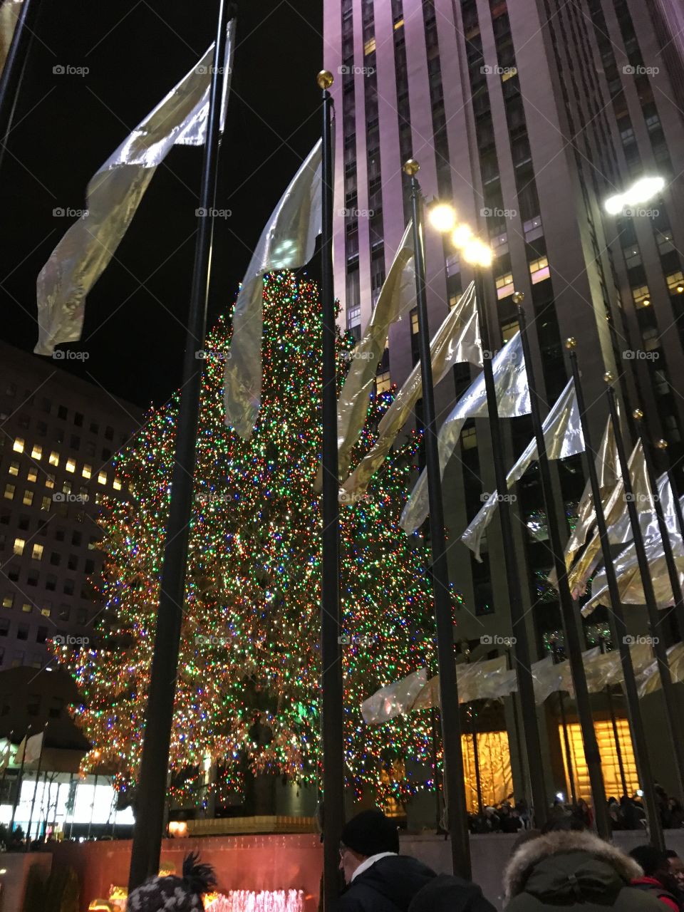 Silver flags outside Rockefeller Center, NYC 