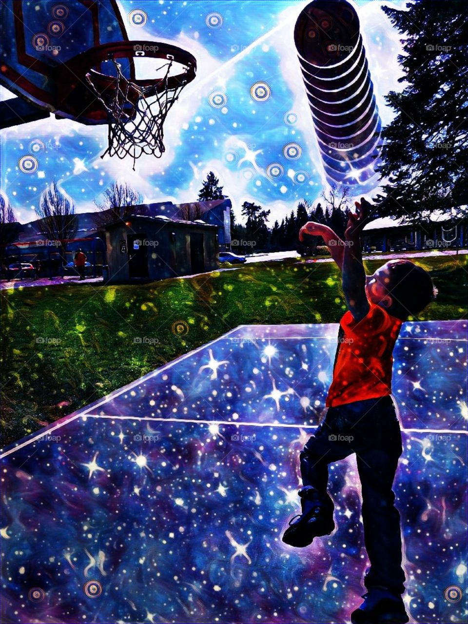 Galaxy themed abstract of boy in orange shirt, shooting basketball.