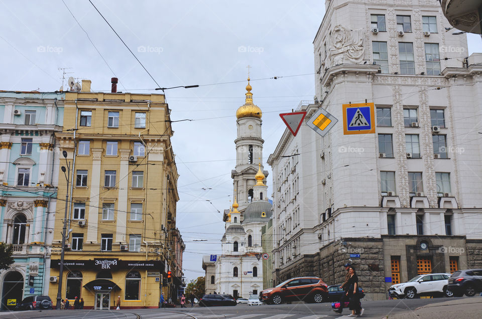 Urban city life. View Of the street, road, buildings in Kharkiv, Ukraine. Retro and vintage architecture