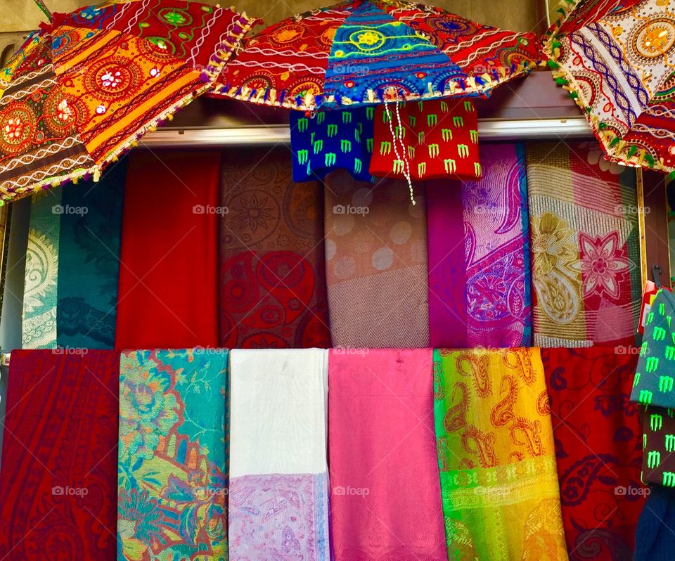 Colourful scarfs and umbrellas 