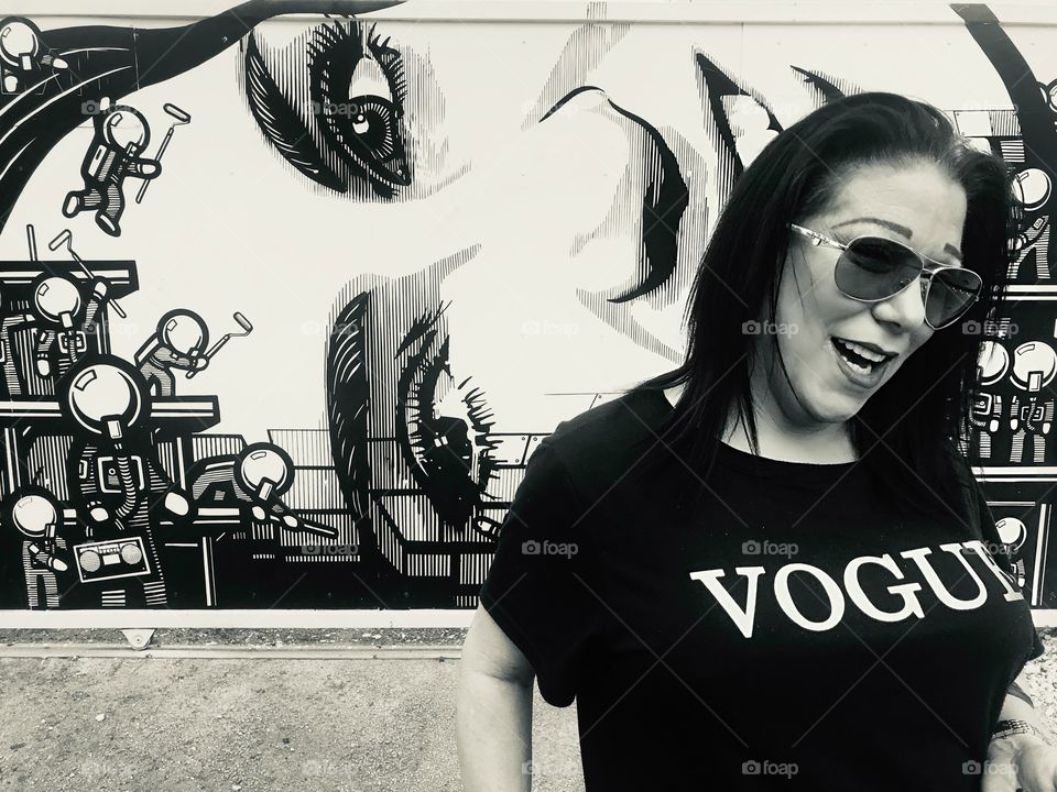 Black n White, Wynwood Graffiti, Girl ( me) smiling with Vogue shirt smiling 