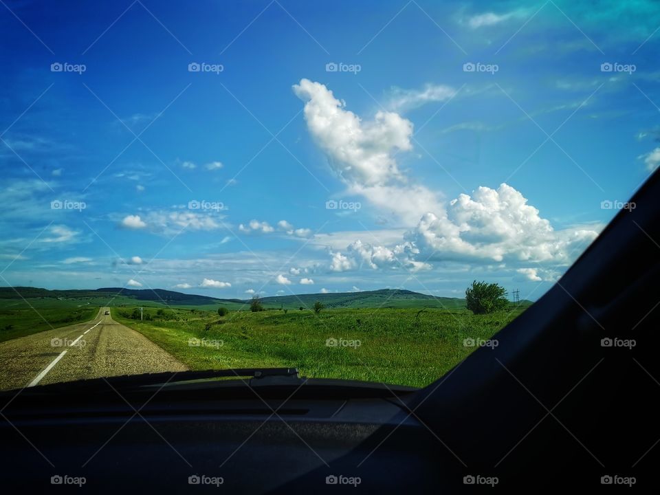 Travel trip way road view car mirror fog foggy milky mountains high freedom happy happiness view green plant grass field heaven moody sky skyline horizont blue street day outdoor outside joy