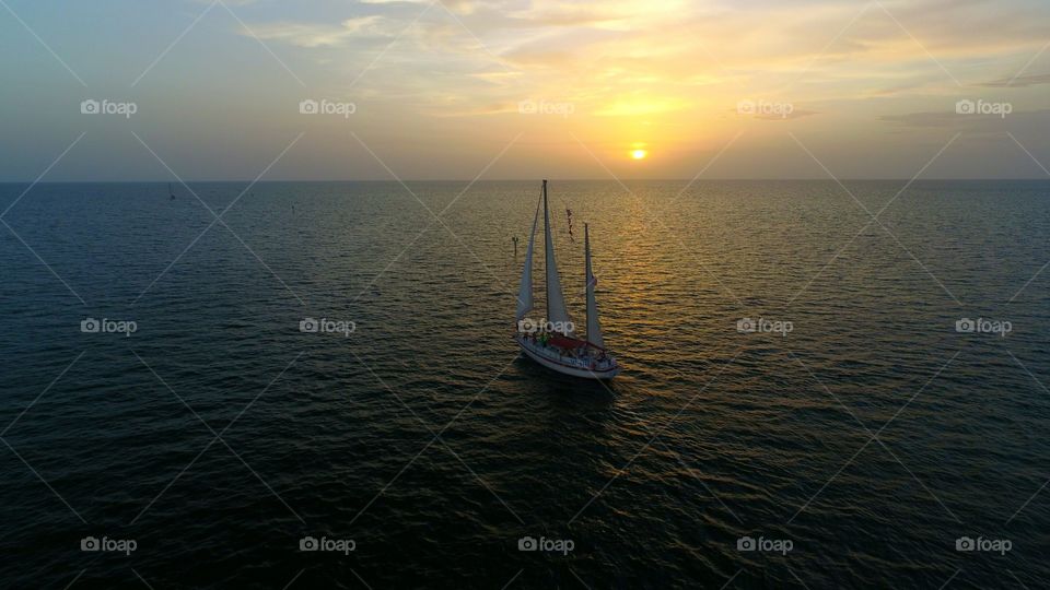 Boat sunset. drone flight