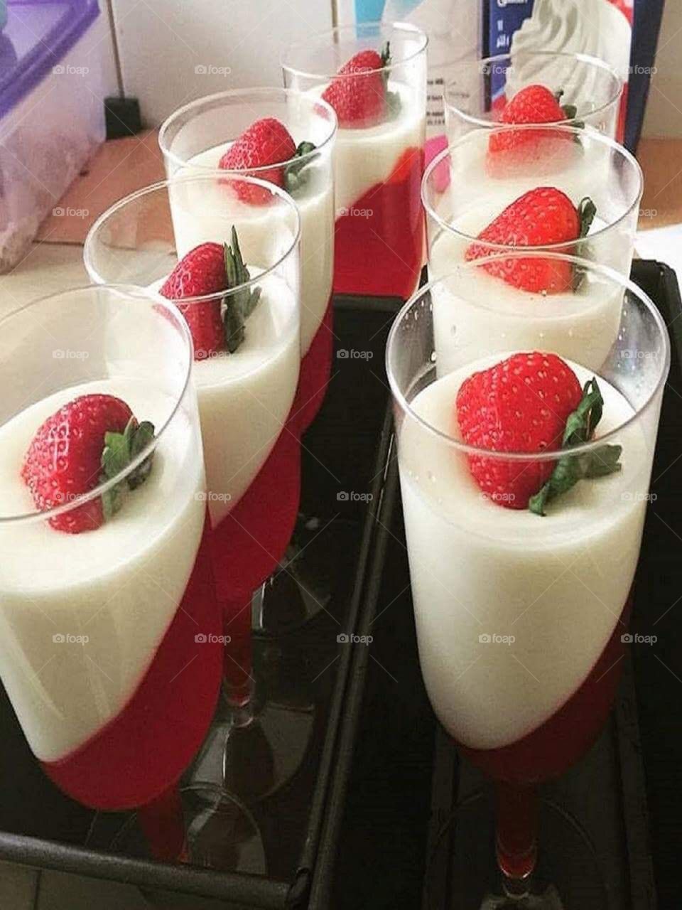 First time to make home made strawberry panna cottas.