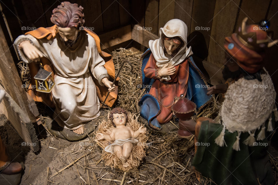 Jesus birth displayed with figures as christmas decorations in a store in Sweden.