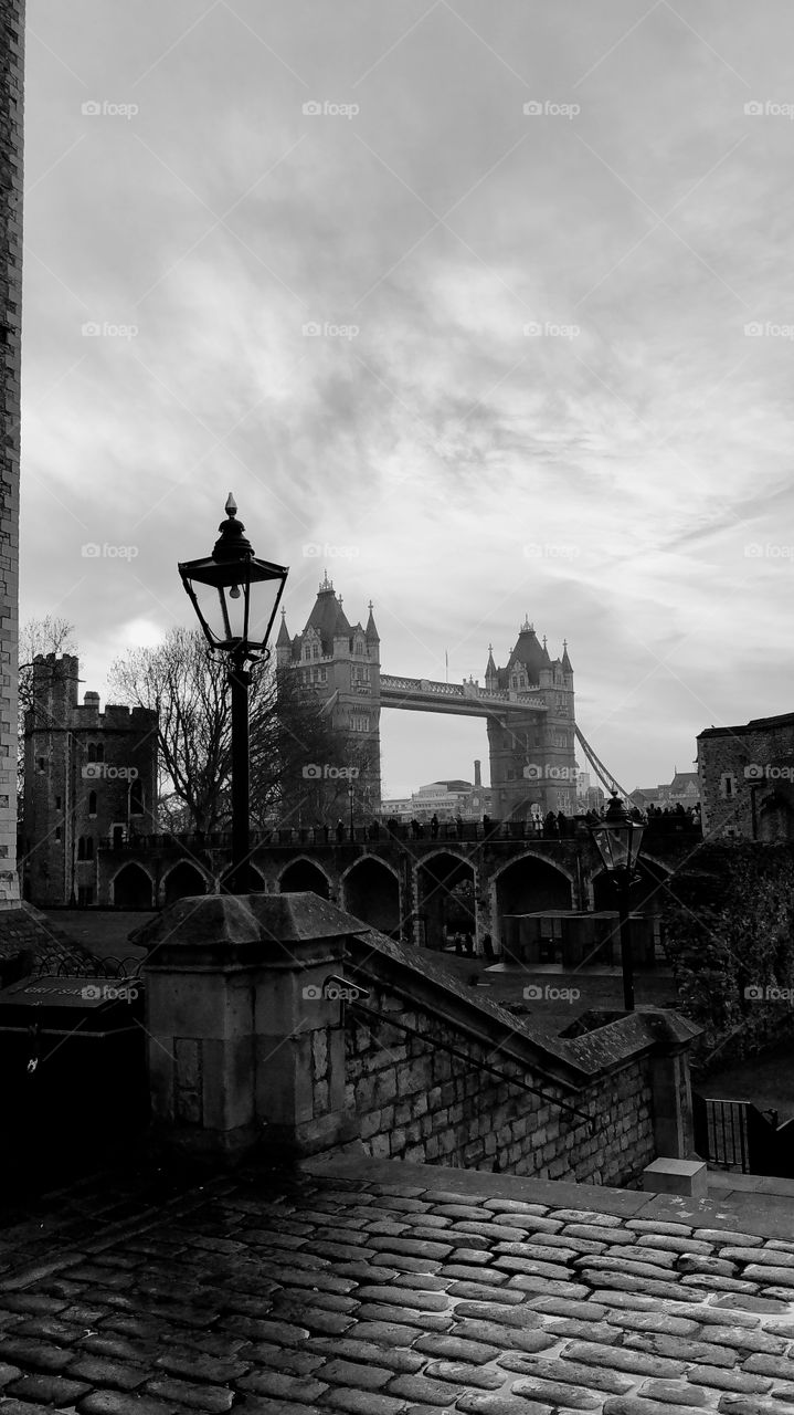 Black and white view of Tower Bridge from the London Tower in winter