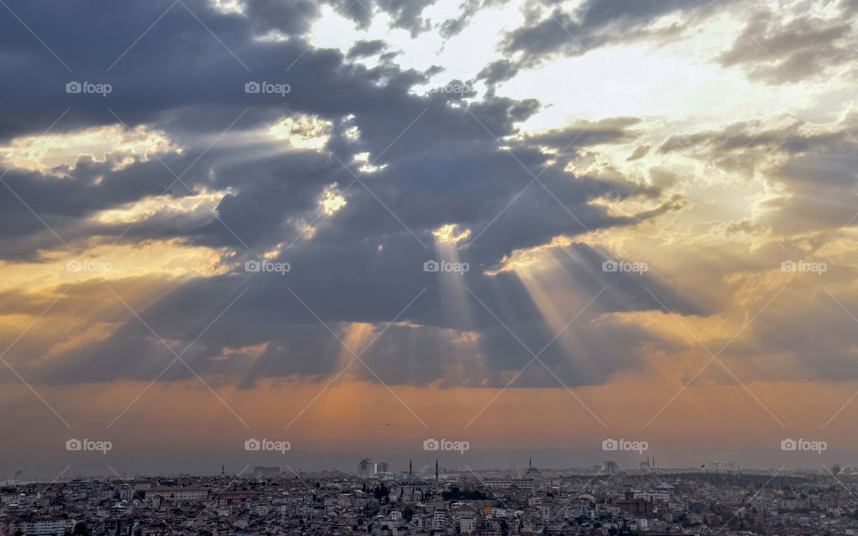 Sun rays break through the clouds over Istanbul, Turkey