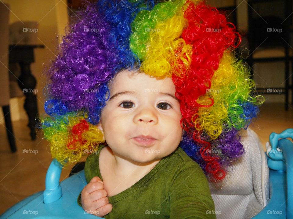 Portrait of a boy wearing clown wig