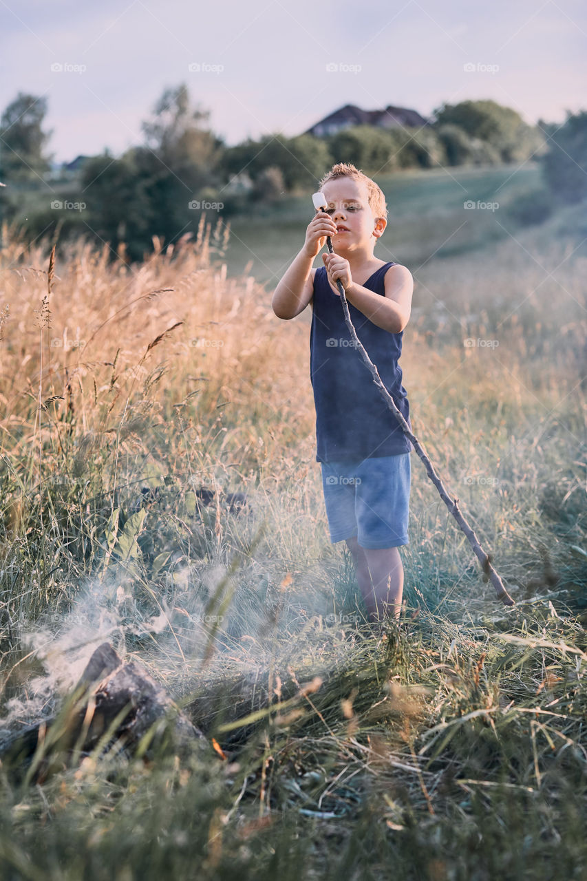 Little boy roasting marshmallow over a campfire on a meadow. Candid people, real moments, authentic situations