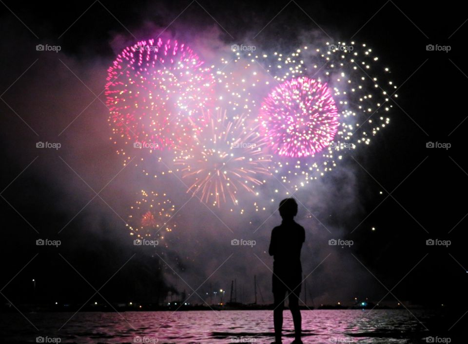 summer firework in front of sea