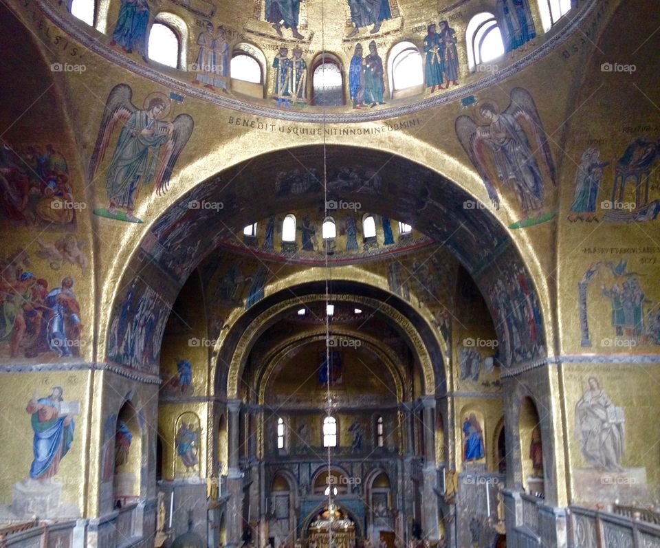 Interior of Basilica of Saint Mark (San Marco) in Venice, Italy, with ancient Byzantine mosaics
