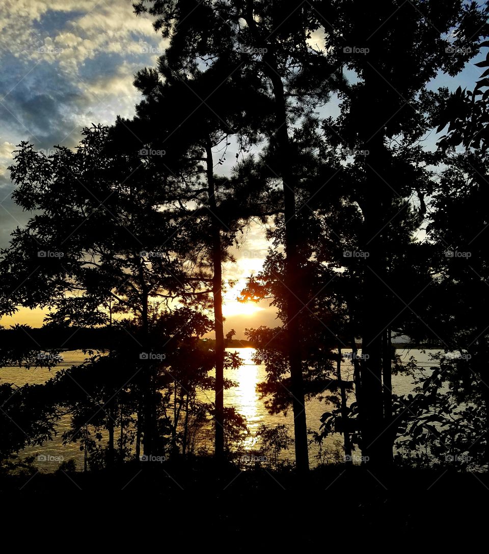 sunset in the woods overlooking the lakes.