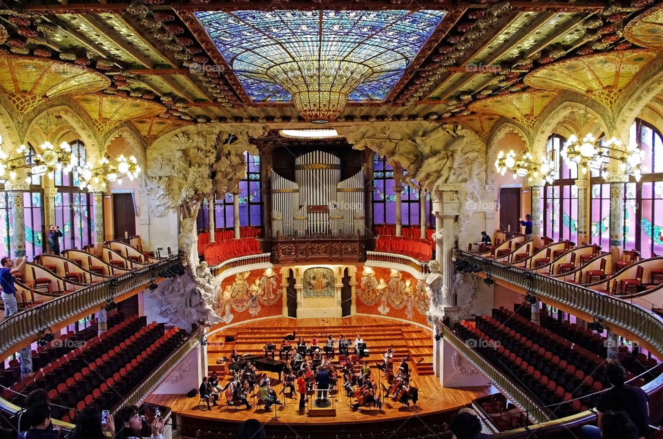 Stage and Skylight Inside Barcelona’s Palau de la Musica Catalans