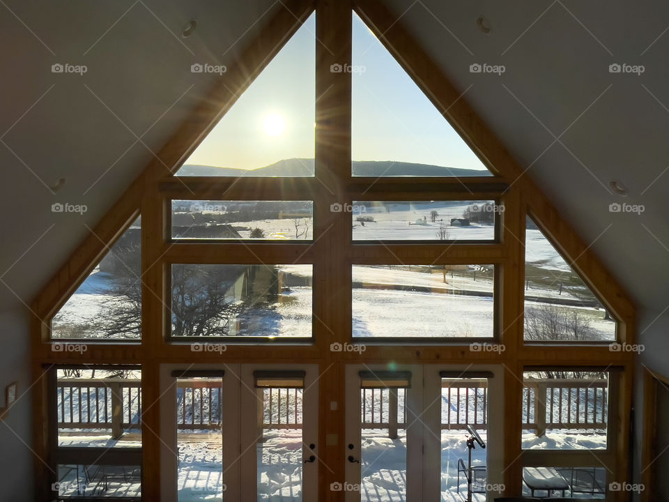 Cabin winter sunrise view