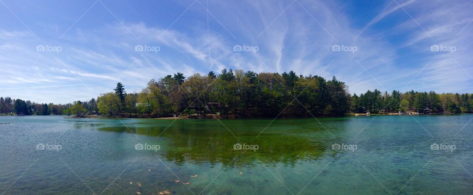 Bright, Sunny, Colorful Lake View. Panorama off the dock.