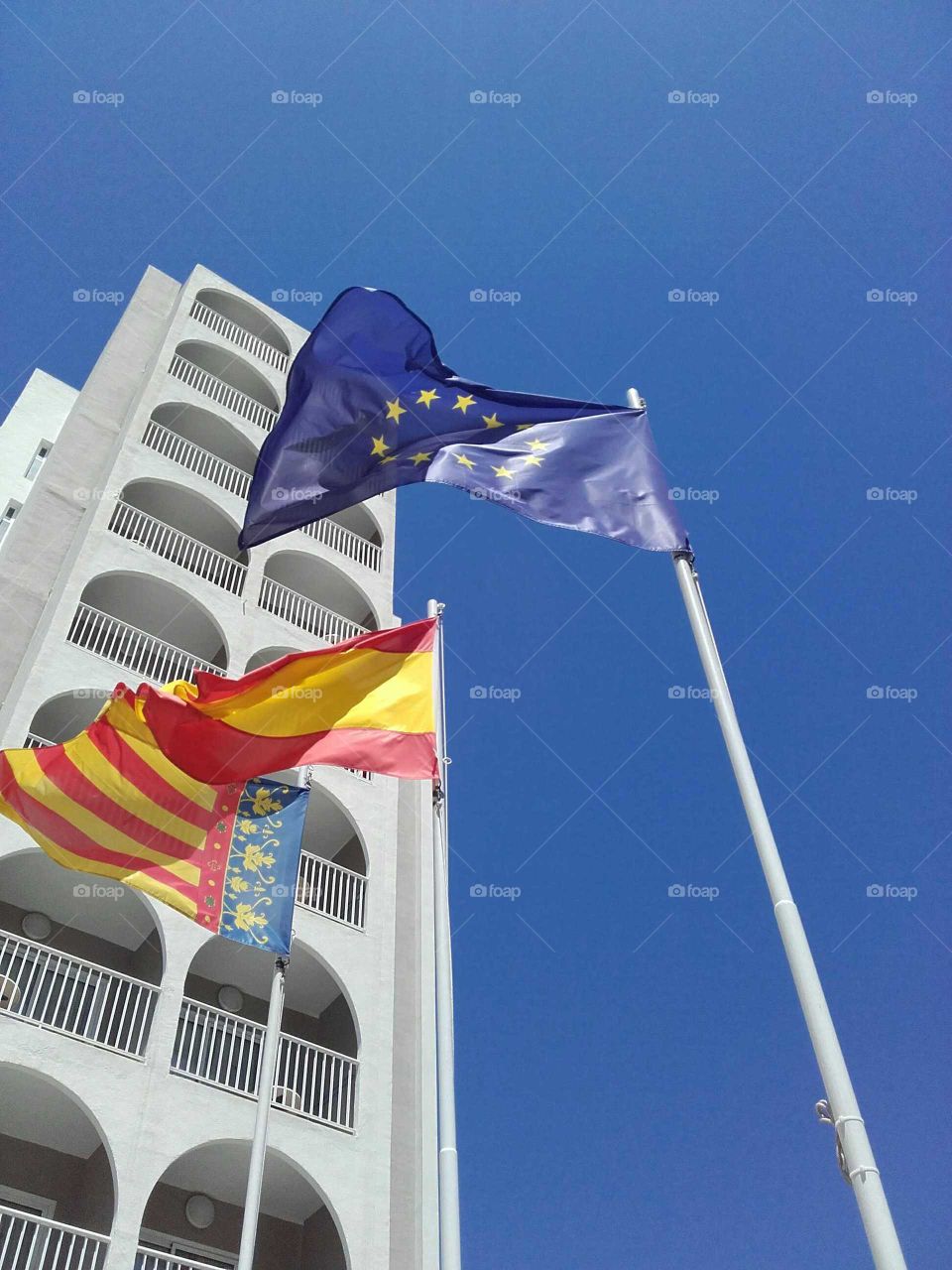E.U. , Spain and Valencia flags