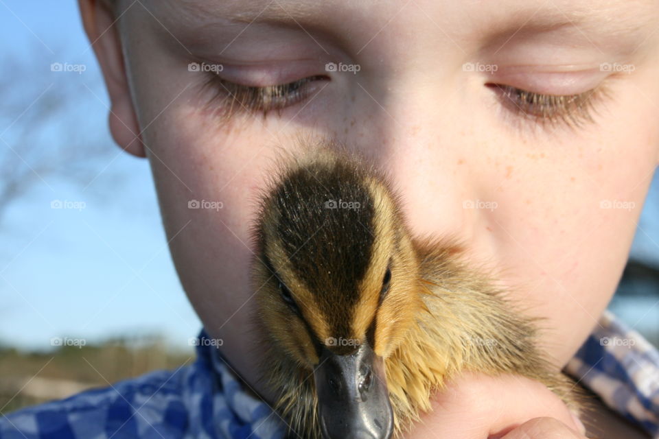 Young boy kissing his duck and promising to look over him and protect him 