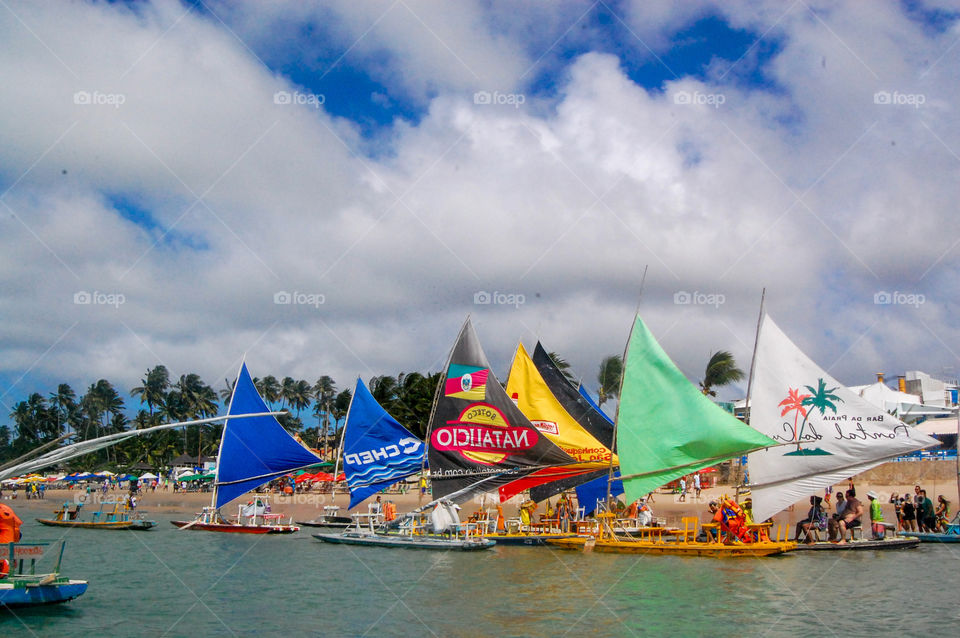 Jangada. Boat with coloured sails. Porto de Gallinas pernambuco Brazil 