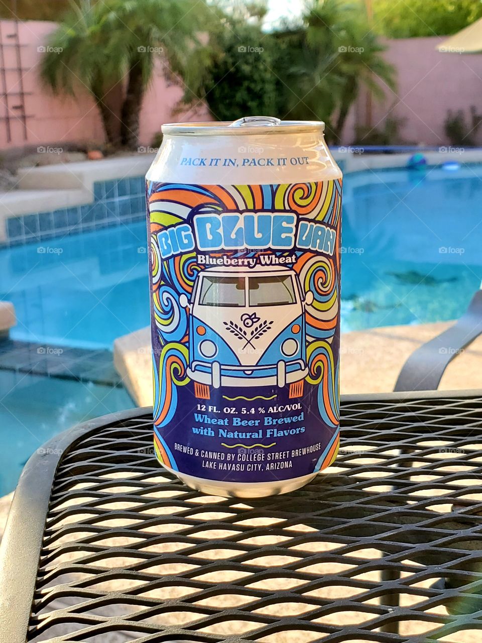 The Big Blue Van blueberry wheat beer made by College Street Brewhouse in Lake Havasu City Arizona is especially refreshing on a hot summer desert day