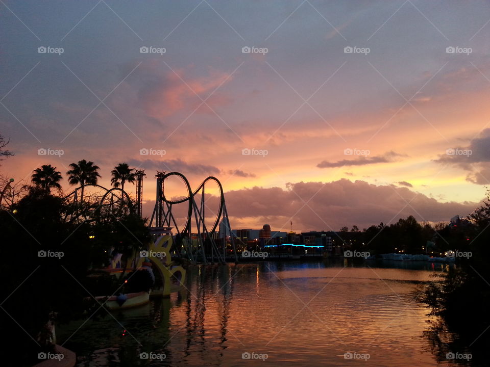 Theme parks at sunset.