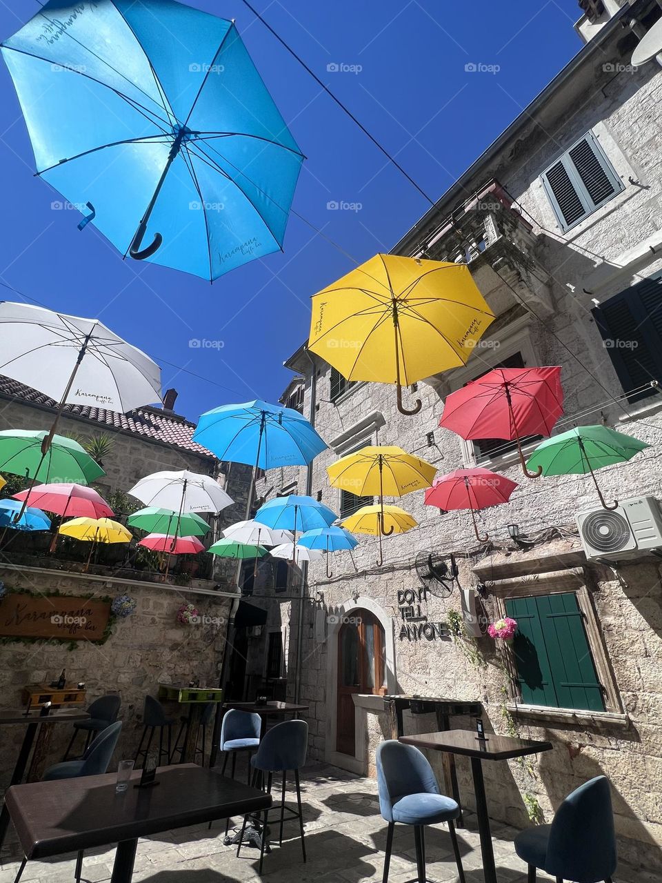 Colorful way to block out the son in Kotor, Montenegro