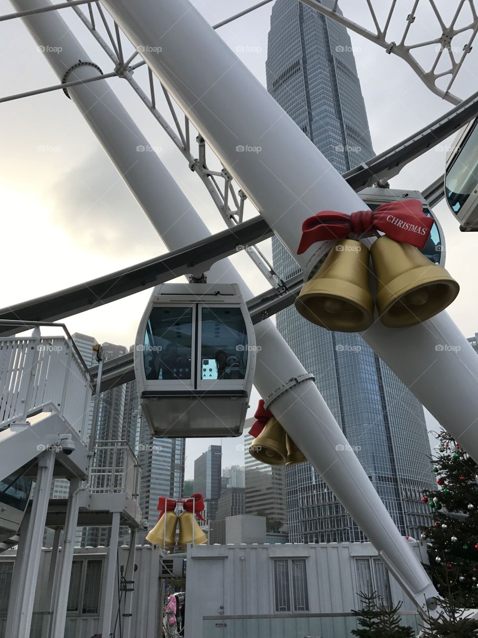 Ferries wheel in Hong Kong, clear sky, nice view, Christmas bells 
