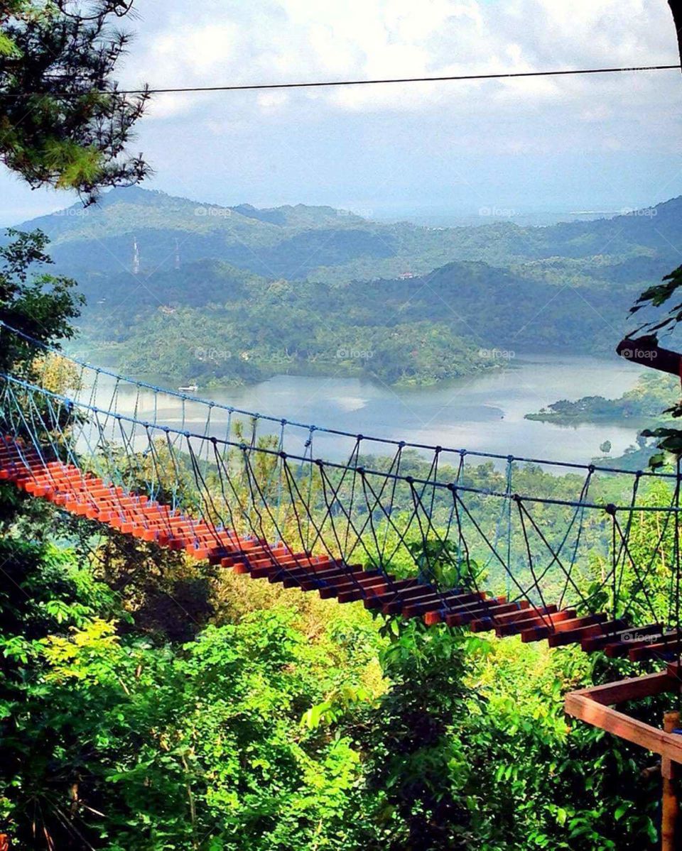 View of hanging bridge over lake and mountain