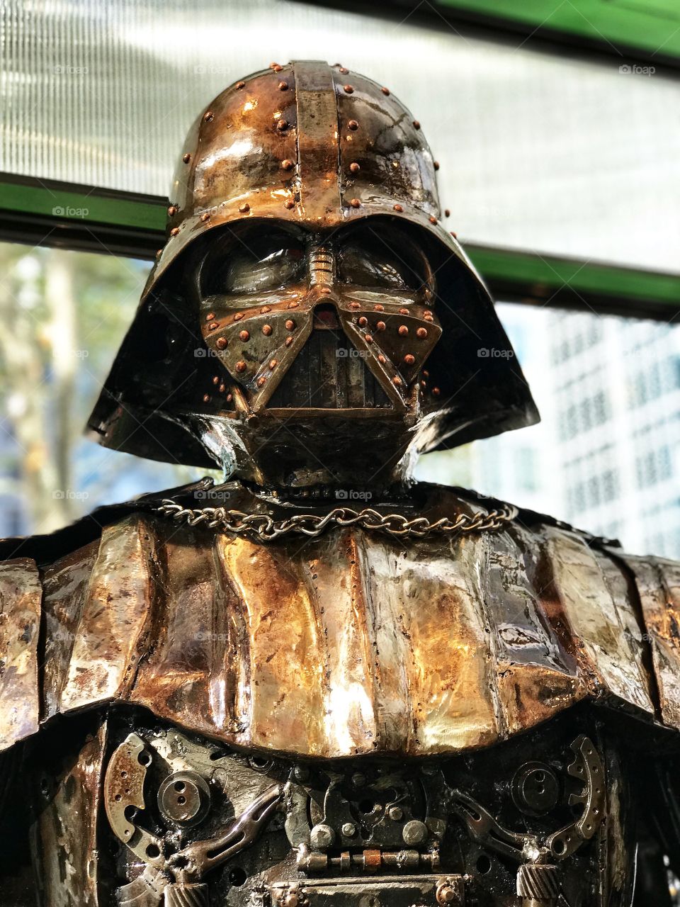 Darth Vader made out of metal in Bryant Park. 