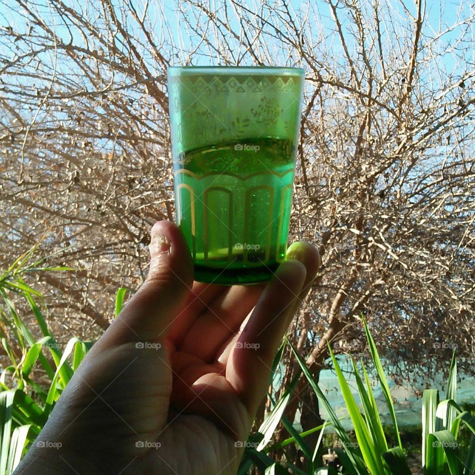 Green cup and view to beautiful nature.