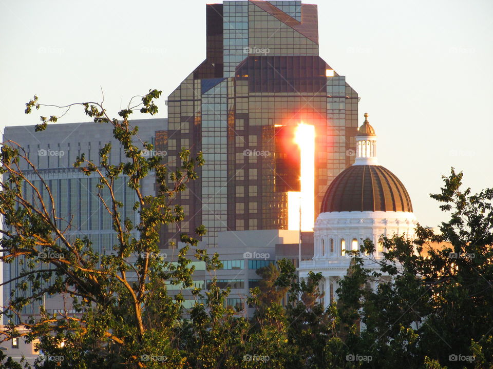 Sunrise reflection on a high-rise building in Downtown Sacramento California
