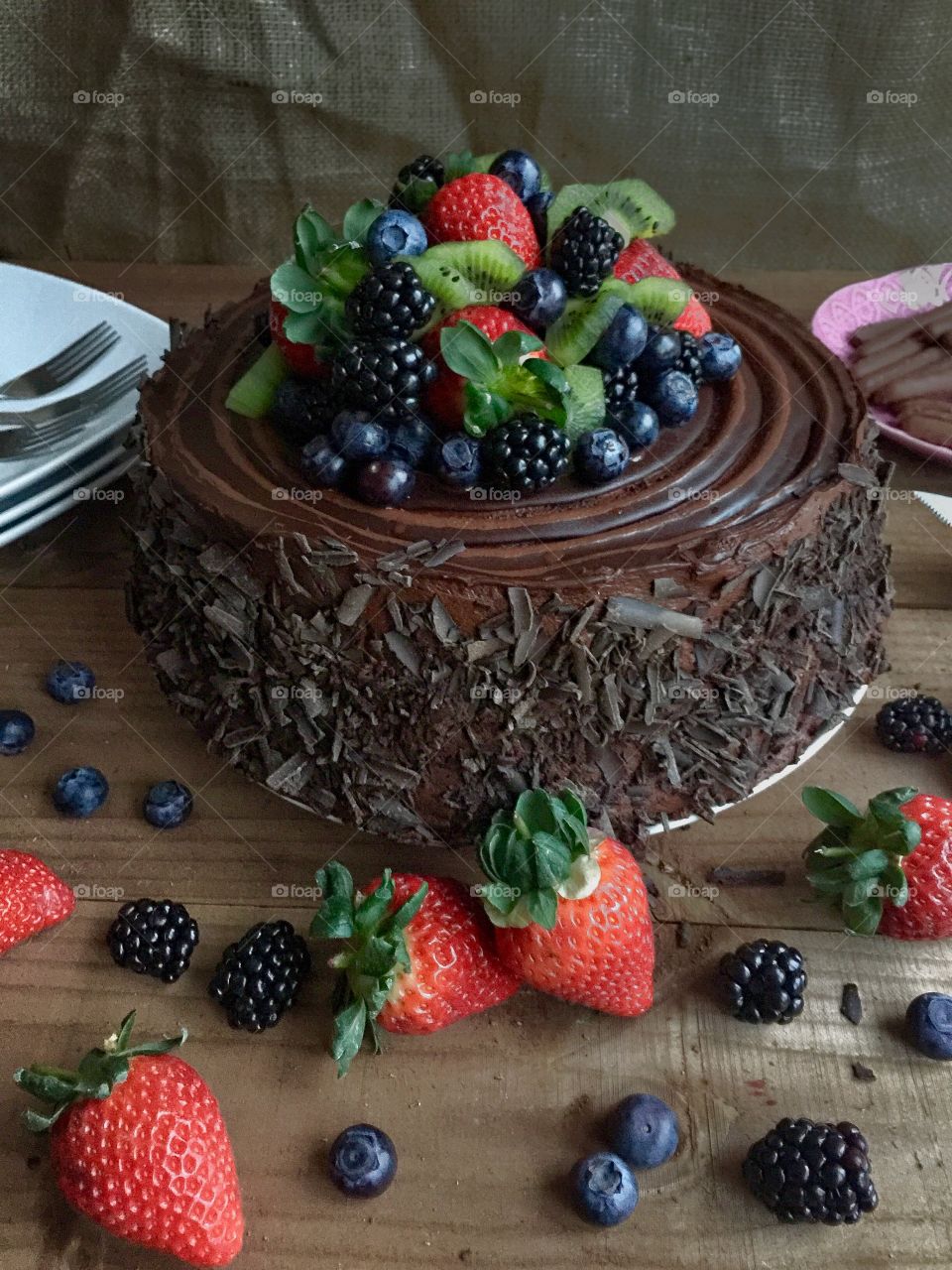 Chocolate cake and summer fruits 